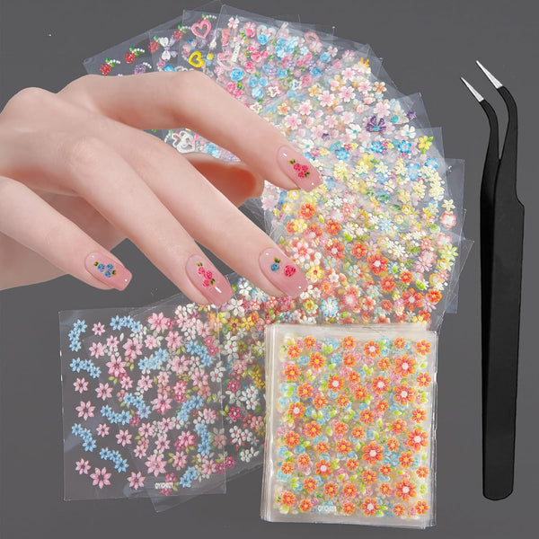 WOKOTO 50Pcs Self-Adhesive 3D Flower Nail Stickers, Floral Nail Decals for Women, Girls, Kids Nail Art with Tweezers