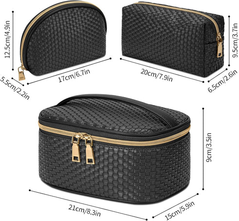 KTMOUW Makeup Bag, 3 Pcs Waterproof Cosmetic Bag Set, Portable Travel Organizer for Women, Black