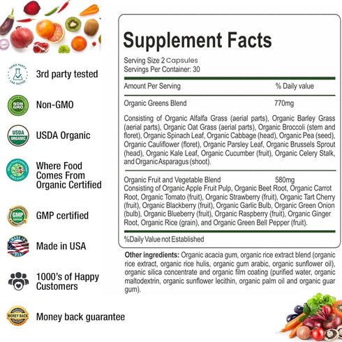 Organic Superfood Greens Fruits and Veggies Complex - Dietary Supplement with 14 Greens & 14 Fruits, Non-GMO