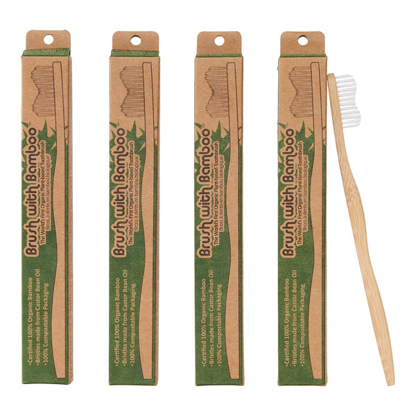 Brush with Bamboo Toothbrush with Plant-Based Bristles, 4 Pack