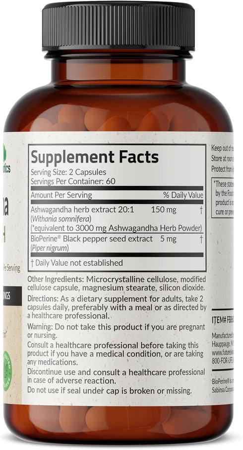 Futurebiotics Ashwagandha Extra Strength Stress & Mood Support with BioPerine - Non GMO Formula, 120 Vegetarian Capsules