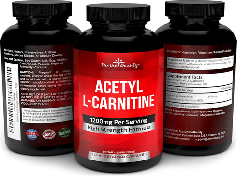 Divine Bounty Acetyl L-Carnitine Capsules, 1200mg Per Serving, 120 Vegetarian Capsules