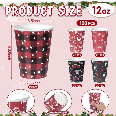 Hauwellter 100 Set 12oz, Christmas Disposable Coffee Cups with Lids Bulk Red and Black Xmas Holiday Hot Chocolate Party