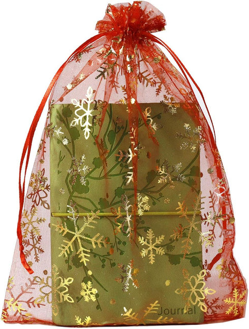 SUNGULF 100pcs Organza Pouch Bag, 6"x9" Drawstring Gift Candy Bag for Jewelry Party Wedding Favor (Red Snowflake)