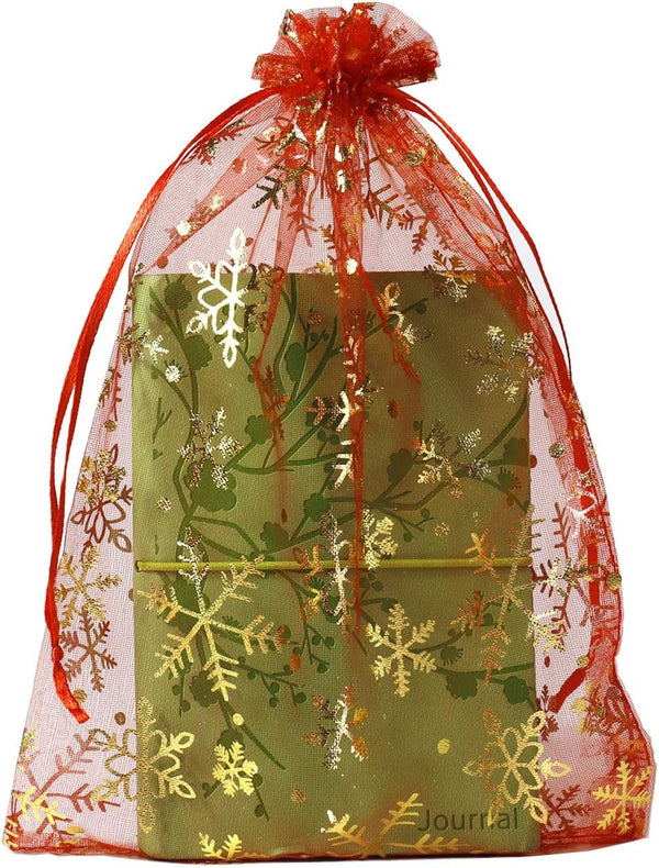 SUNGULF 100pcs Organza Pouch Bag, 6"x9" Drawstring Gift Candy Bag for Jewelry Party Wedding Favor (Red Snowflake)