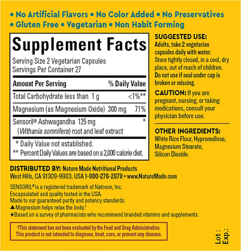 Wellblends 125mg, 300 54 Nature Made Calm & Relax, Ashwagandha Magnesium mg, Vegetarian Capsules