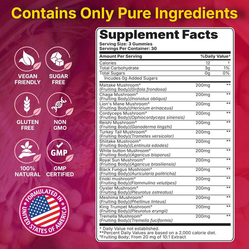Yi Nutrition 15-in-1 Gummies 10:1 Immunity 90 Gummies Sugar-Free Mushroom Complex Extract - Lion's Mane, Cordyceps
