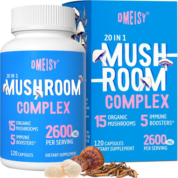 Mushroom Supplement 2600mg, 20-IN-1 Complex - Organic Mushrooms for Natural Energy, Immunity, Memory, Focus & Longevity
