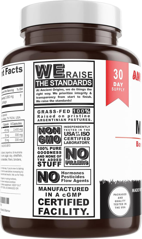 Ancient Origins Grass Fed Bone Marrow Supplement - 3060mg for Skin, Oral Health, and Joint Support, 180 Capsules