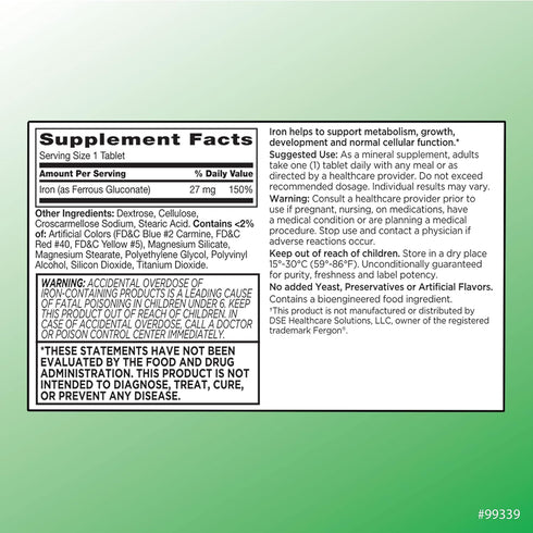 Quality Choice Energy Support Iron 27 mg Ferrous Gluconate Tablets, 100 Count