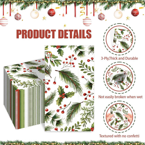 SMUAENSS 100 3-Ply PCS Christmas Paper Napkins, Berries Pine Guest Napkins, Greenery Christmas Bathroom Disposable Hand