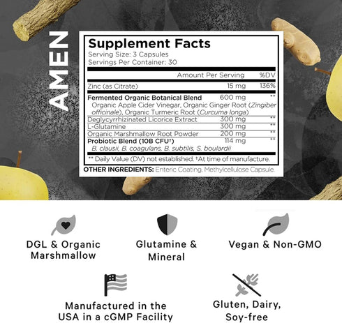 Amen Leaky Gut Supplement, Advanced Formula with L Glutamine, Zinc, Turmeric, Probiotics, Vegan, Non-GMO, 90 Capsules
