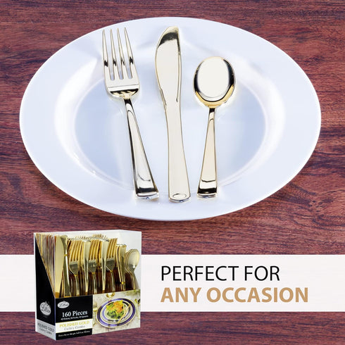 Extra Heavyweight Disposable Plastic Cutlery Silverware Combo, Polished Gold, 160 Count (80 Forks, 40 Spoons, 40 Knives)