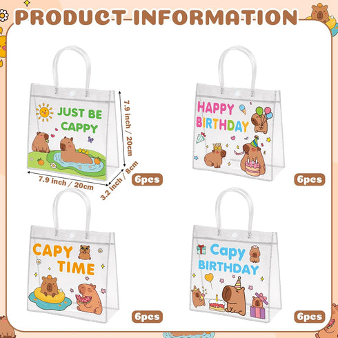 H1vojoxo 24PCS 7.9x3.2x7.9 Inches Capy Birthday Gift Bags - Cappy Clear PVC Gift Bags with Handle Reusable Capy Time