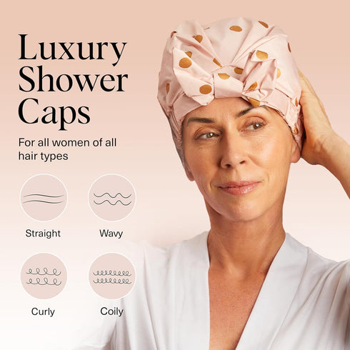 Kitsch Luxury Shower Caps for Women, Reusable Waterproof, Large Non-slip Quick-dry Hair Cap, Blush Dot