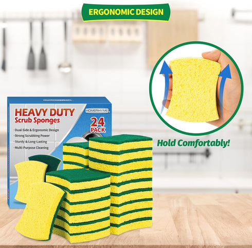 Heavy Duty Sponges, 24 Pack Scrub Sponge, Eco Cellulose Kitchen Sponge for Washing Dishes and Household Cleaning
