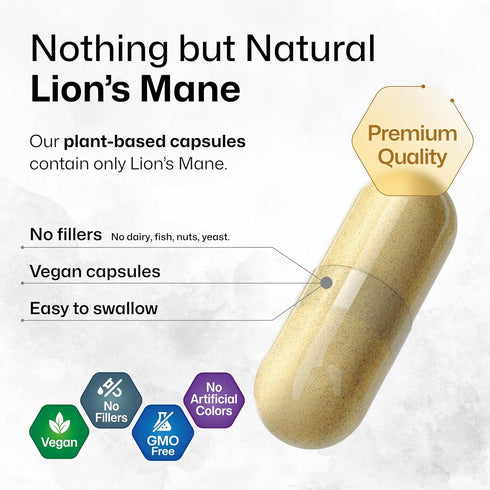 Lions Mane Supplement Capsules - Vegan, Organic Lion’s Mane Mushroom for Cognitive Function | 3 Months Supply