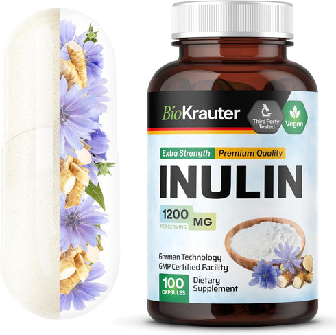 BIO KRAUTER Inulin Powder Capsules - 1200 mg Prebiotic Fiber Supplements - 100 Count Chicory Root Fiber for Digestive