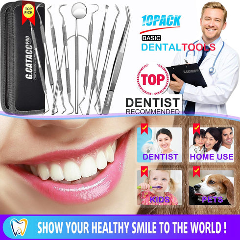 Dental Tools, 10 Pack Professional Plaque Remover, Stainless Steel Dental Hygiene Kit with Case