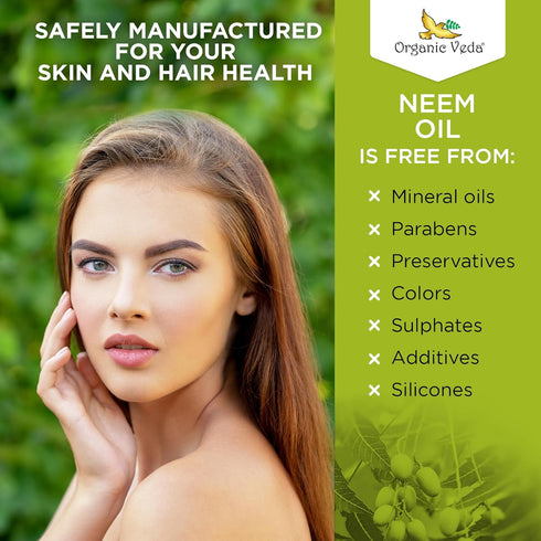Organic Veda Neem Oil - Pure, Cold Pressed Neem Oil for Skin, Hair, Face, Body, Scalp - Rich in Vitamin E, 3.4 fl oz