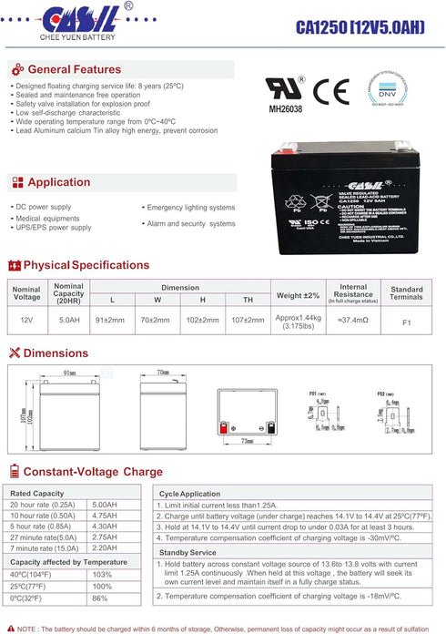 Casil 12V 5Ah SLA AGM VRLA Rechargeable Battery for Alarms, Security, Garage Door Openers, Chamberlain, Genie,