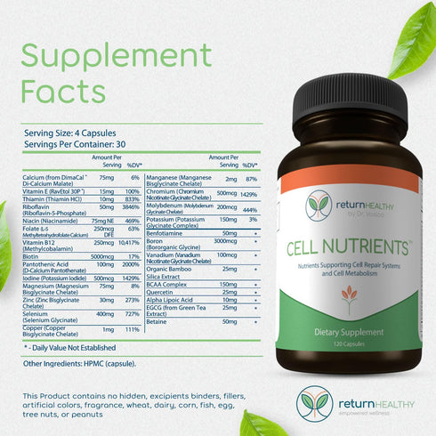 Cell Nutrients - 120 caps Mitochondrial Supplements for Cell Repair, Membrane Repair & Metabolism, Non-GMO, Vegan