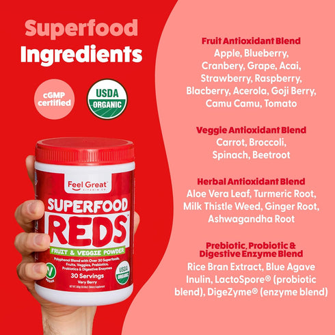 Feel Great Organic Superfood Reds Powder with Beet Root Powder, Digestive Support and Bloating Relief