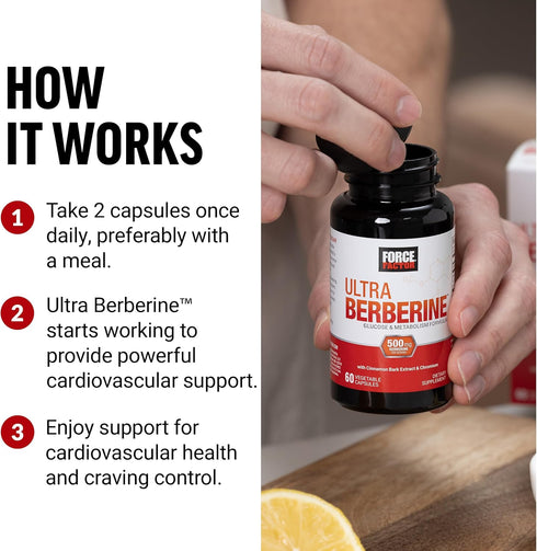 FORCE FACTOR Ultra Berberine Supplement - 60 Capsules, 500mg Berberine with Cinnamon for Cardiovascular Health