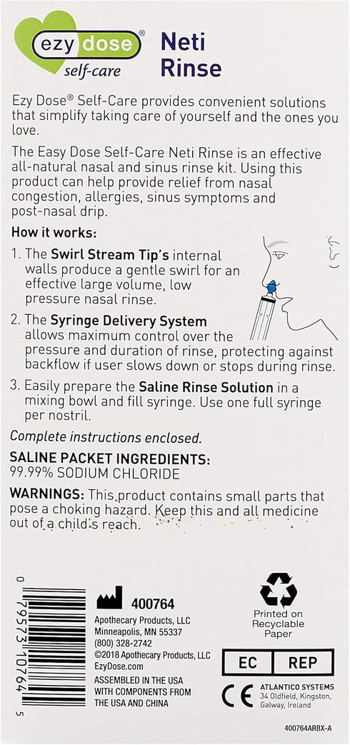 EZY DOSE Nose Rinse Kit for Home or Travel, Sinus and Allergy Relief Syringe, 50 Saline Packets, BPA Free