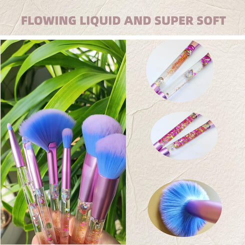 Unicorn Fan Makeup Brush Set, Crystal Sparkles Blue Blush Powder, Lip, Eye Shadow Brushes