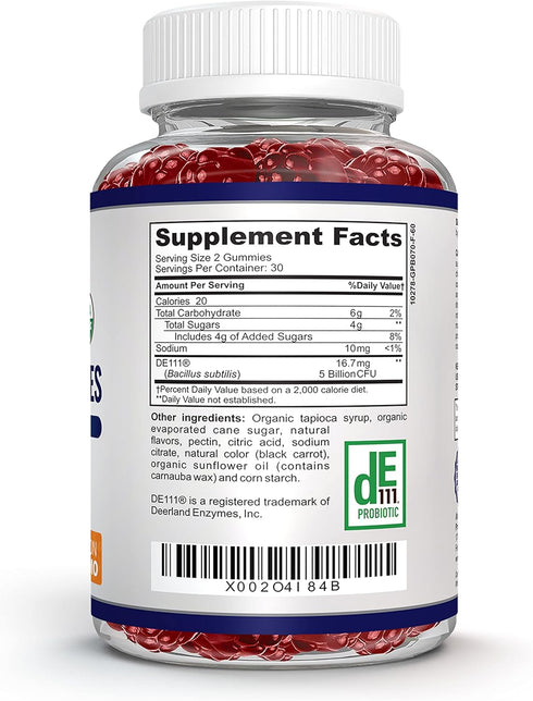 Organic Probiotic Gummies, 60 Non-GMO Gummies, 5 Billion CFU, Max Strength, Strawberry Flavored, Gut Health and Immune