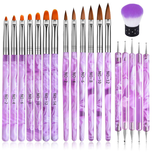 TOROKOM 19 Pcs Nail Art Brushes Set, Acrylic Nail Brush Set for Nail Art Painting and Dust Removal Tools (Purple)
