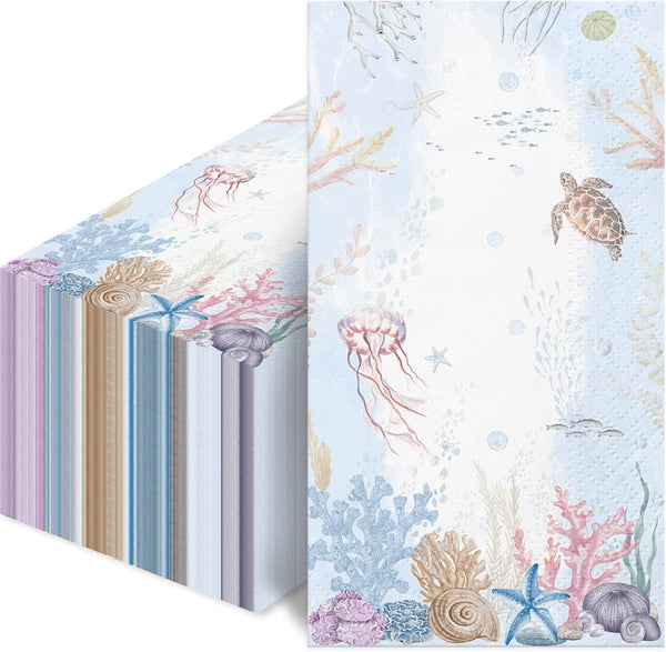 wuhuzsm 100 Pcs Coastal Turtle Paper Napkins, Sea Blue Decorative Nautical Napkins for