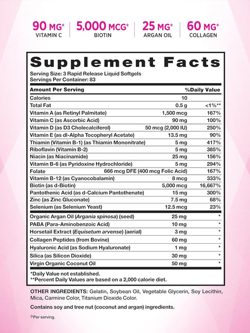 Nature's Truth Hair, Skin & Nails Vitamins with Biotin | 5000mcg | 250 Softgels | includes Collagen and Coconut Oil | Non-GMO & Gluten Free Daily Supplement for Women and Men