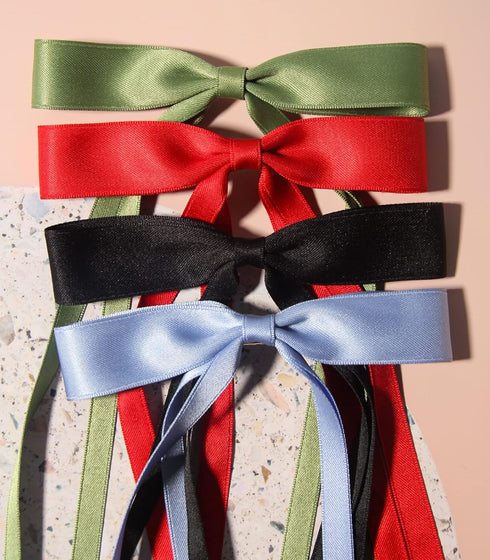 LFOUVRE 8pcs Long Tail Bow Hair Clips for Women, Ribbon Bowknot Barrettes with Tassel Claw