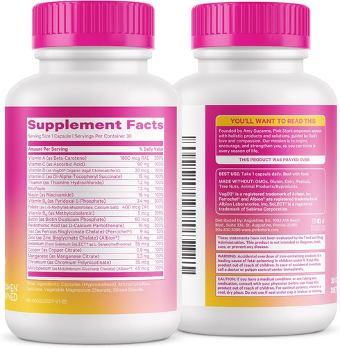 Pink Stork Total Women's Multivitamin - Supports Hair, Skin, Nails, Bone Health & Immune System - 30 Capsules