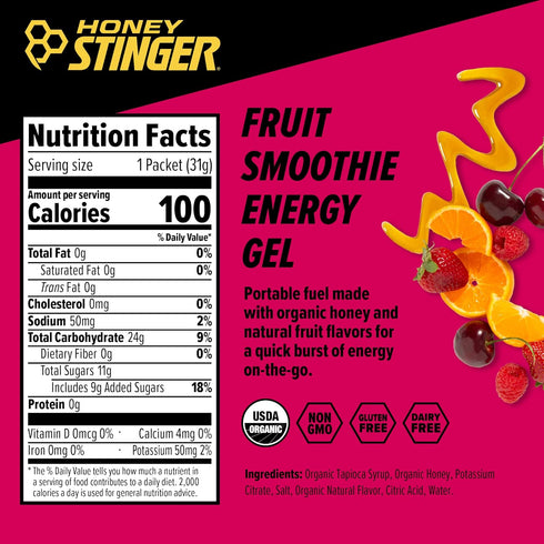 Honey Stinger Organic Fruit Smoothie Energy Gel | Gluten Free & Caffeine Free | 24 Pack, 26.4 Ounce
