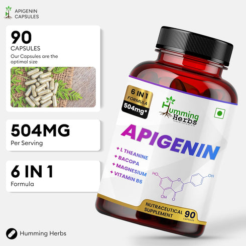 Humming 504mg 6-in-1 B6, 90 Herbs Apigenin Brain & Wellness Supplement with L-Theanine, Bacopa, Magnesium, Vitamin
