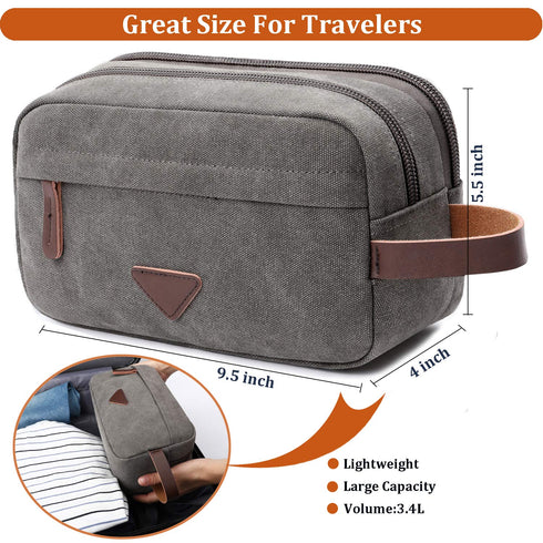 Mactso Mens Travel Toiletry Bag - Canvas Leather Cosmetic Makeup Organizer Shaving Dopp Kits with Double Compartments
