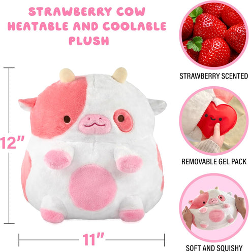 Shopzoki Heatable Strawberry Scented Cow Plush for Period Cramp Relief & Emotional Support, Microwavable Soft Toy