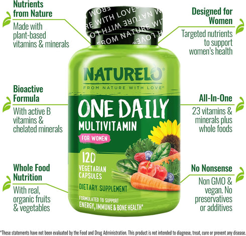 NATURELO One Daily Multivitamin for Women - Energy Support, Whole Food Supplement, 120 Capsules, Non-GMO