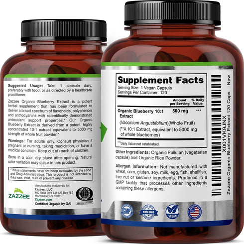 Zazzee USDA Organic Wild Blueberry 10:1 Extract - 5000 mg Strength, 120 Vegan Capsules