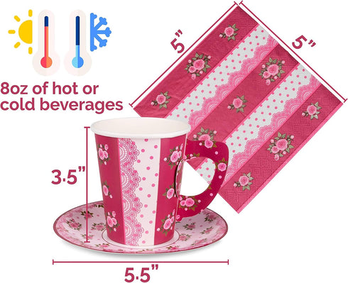 Royal Bluebonnet Paper Tea Cups and Saucer Sets - 24 Disposable Tea Party Decorations for Valentine's Day, Pink Floral