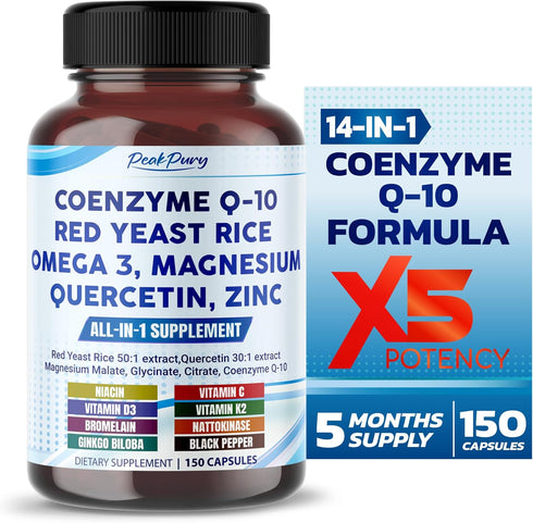 Coenzyme Q-10 200mg, Red Yeast Rice 5000mg, Quercetin 600mg, Magnesium Malate, Glycinate, Citrate - Made in USA