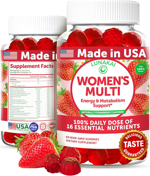 Lunakai US Made Women’s Multivitamin Gummies, 100% Daily Dose of 16 Essential Nutrients, 60ct