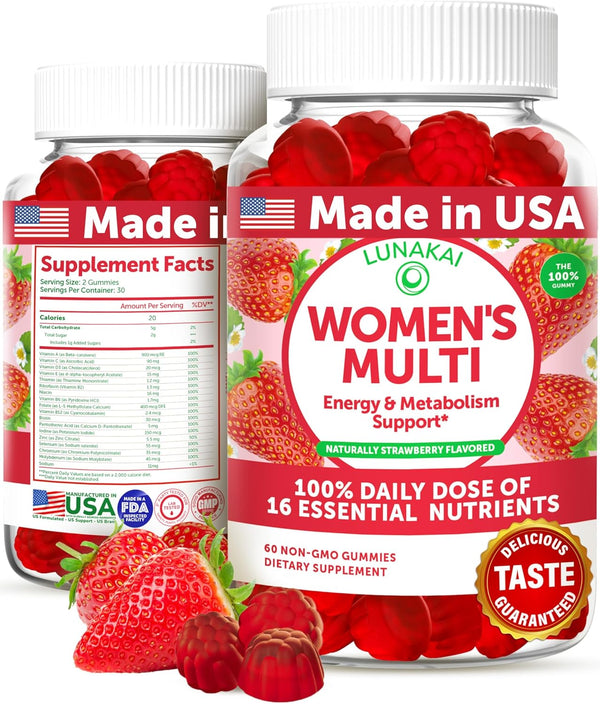 Lunakai US Made Women’s Multivitamin Gummies, 100% Daily Dose of 16 Essential Nutrients, 60ct