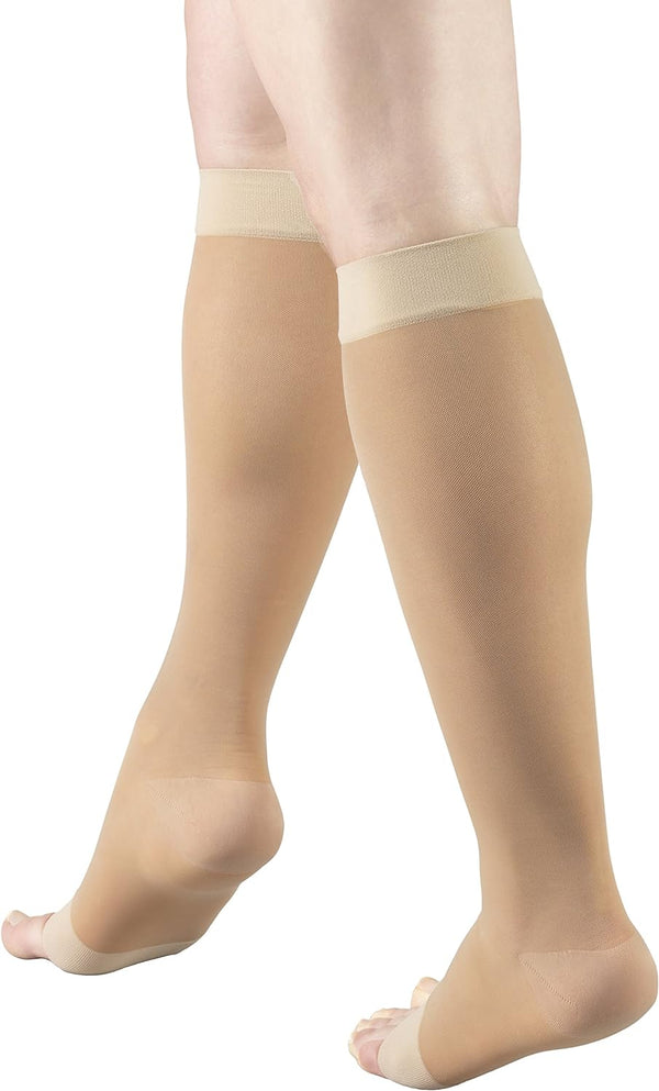 Truform Sheer Compression Stockings, 15-20 mmHg, Women's Knee High Length, Open Toe, 20 Denier, Light Beige, X-Large