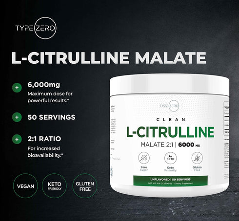 Type Zero L-Citrulline Malate Powder 2:1 (300g | 6000mg Per Serving | Unflavored): Ultra Clean Nitric Oxide Booster