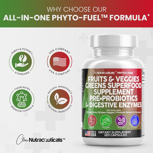 Clean Nutraceuticals Fruits and Veggies Supplement, 120 Capsules, Reds & Greens Superfood with Probiotics & Digestive