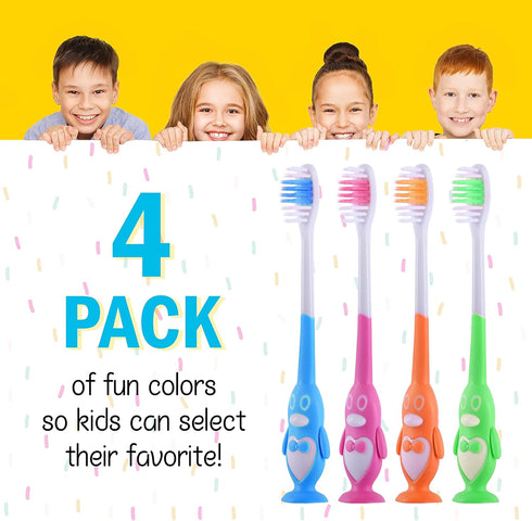 Kids Toothbrush Suction Cup - Toddler Toothbrush with Soft Bristles, Suction Cups for Easy Access - 4 Pack (Penguin)